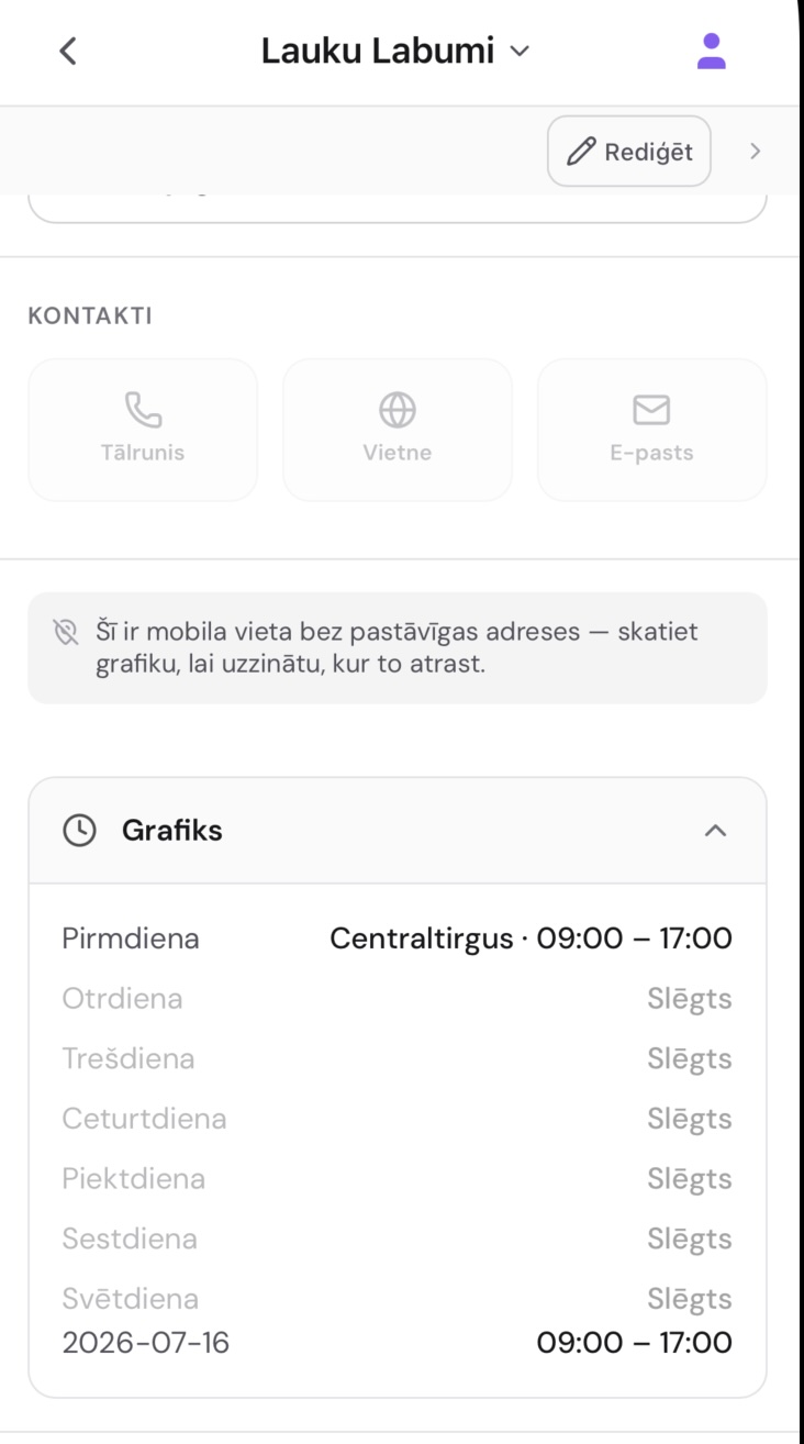Rolling Bites viesa lapa: "Nākamā: Ceturtdiena · Kalamaja Park 12:00", piezīme, ka šī ir mobilā vieta bez fiksētas adreses, un izvēršama sadaļa Grafiks