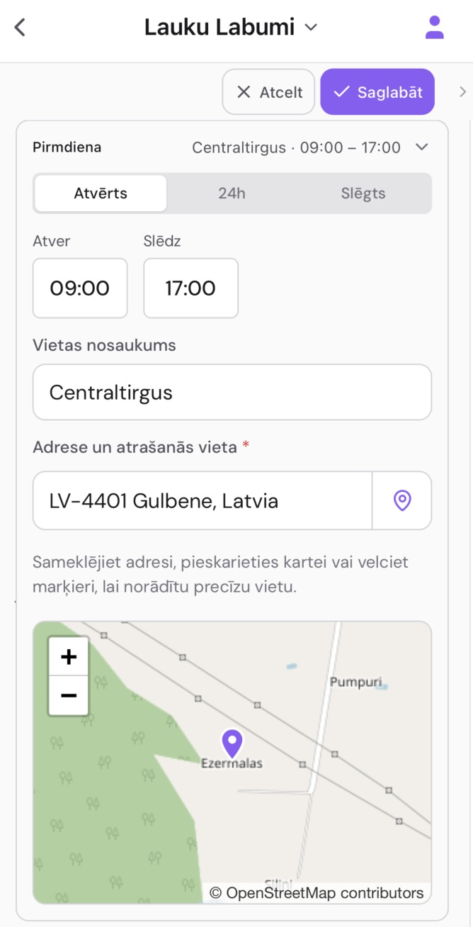 Nedēļas grafika redaktors: dienu saraksts ar pieturām pirmdienā, ceturtdienā un piektdienā — katra ar atrašanās vietu, laiku un statusu