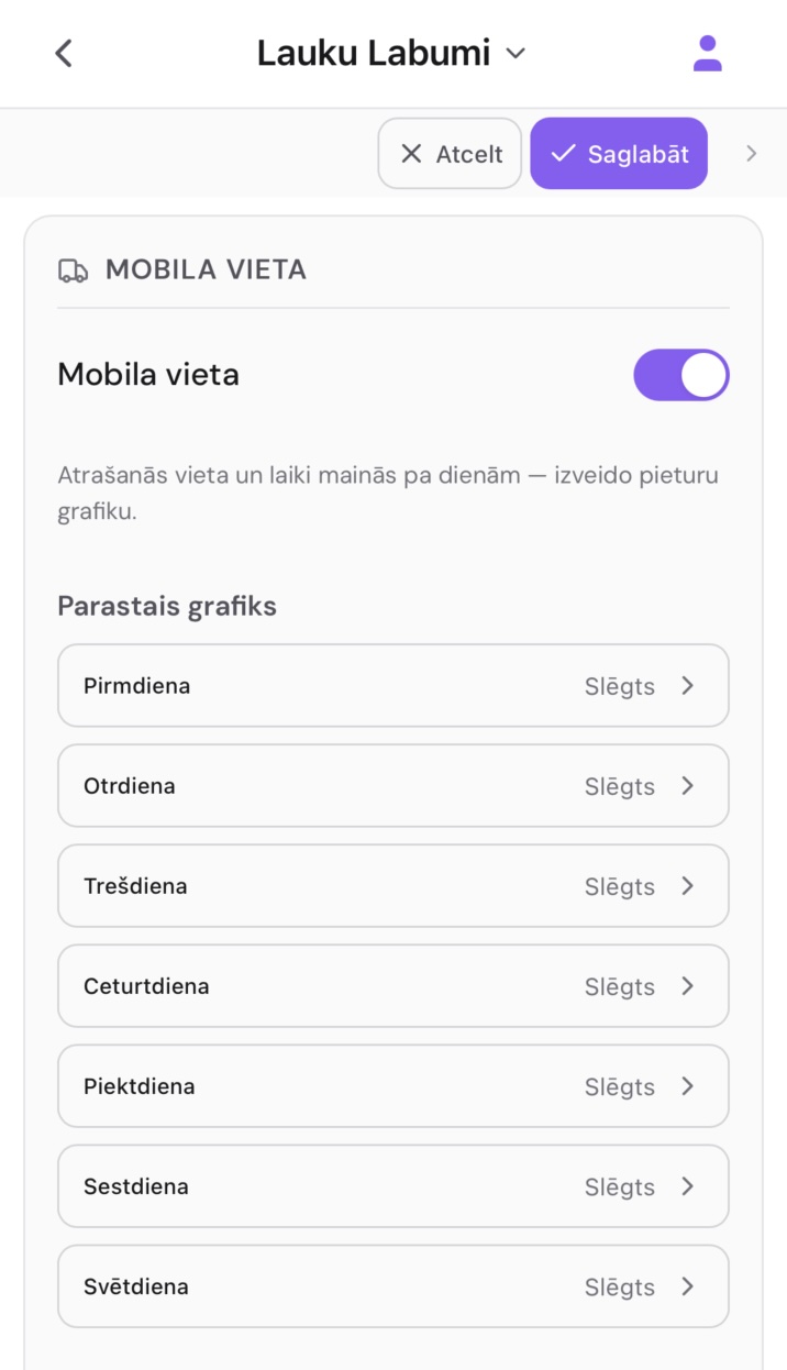 Mobilā vieta pārslēgs vietas informācijas iestatījumos, izslēgtā stāvoklī