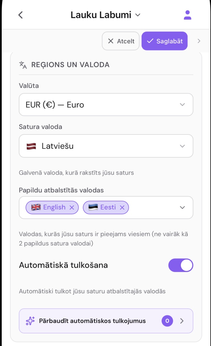 Sadaļa Reģions un valoda: valūta, satura valoda English, un Русский kopā ar Latviešu pievienotas kā papildu valodas